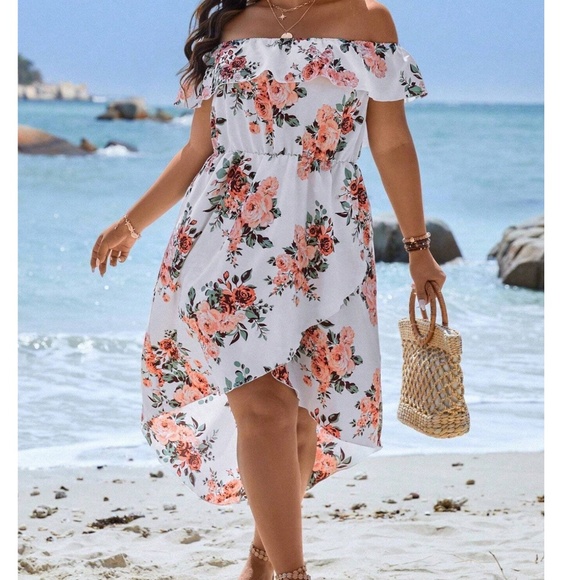 Plus Floral Print Off Shoulder High Low Dress - Picture 7 of 10